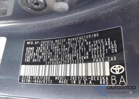 2015 Toyota Corolla S Plus z USA, uszkodzony, nr VIN 5YFBURHE2FP231322